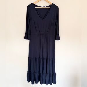 Boden Jersey Knit Tiered Midi Dress Navy Blue Ruffle Preppy Bell 3/4 Sleeve Sz 8